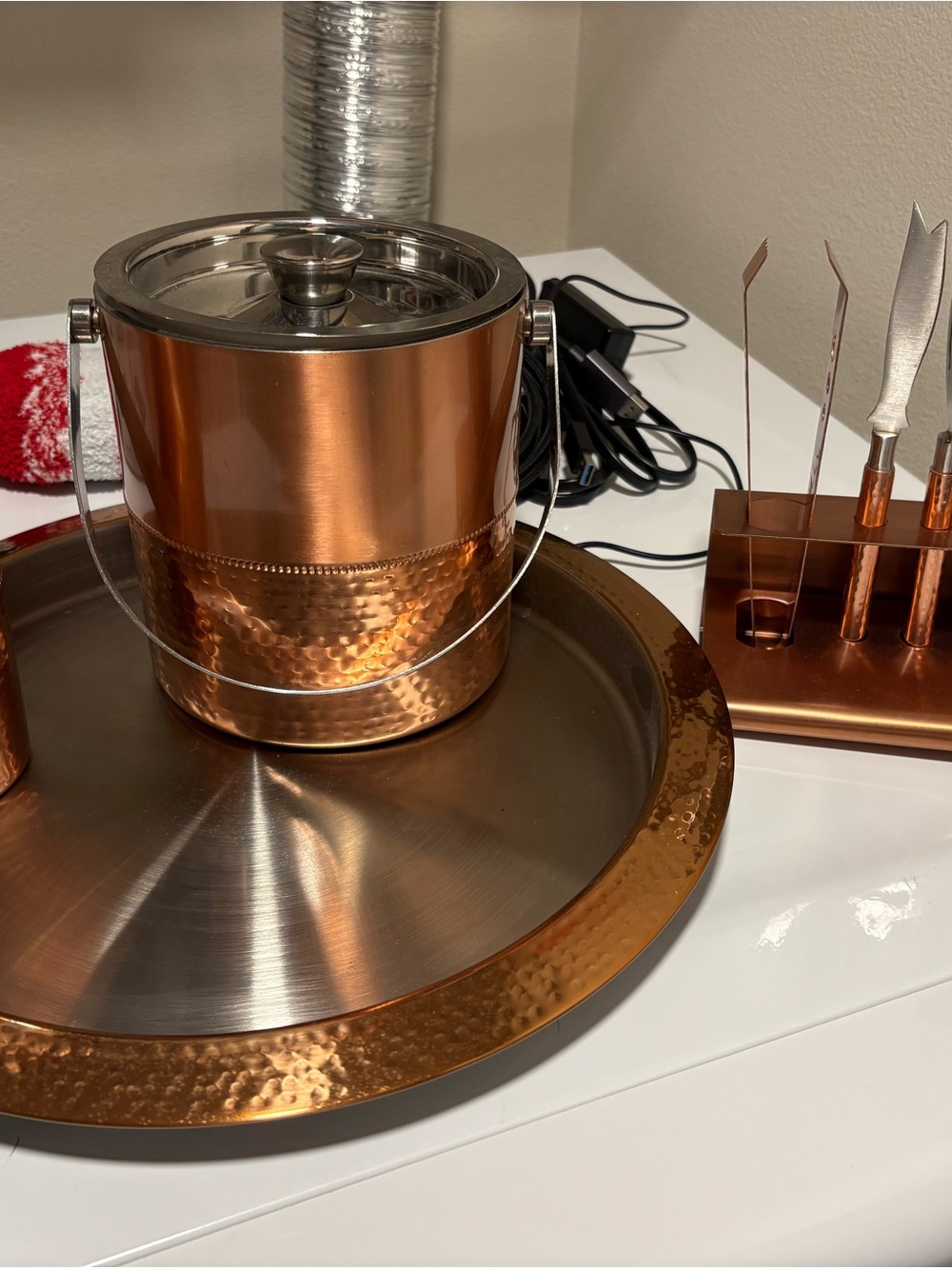 Godinger Copper-Tone Hammered Ice Bucket and Serving Tray Set